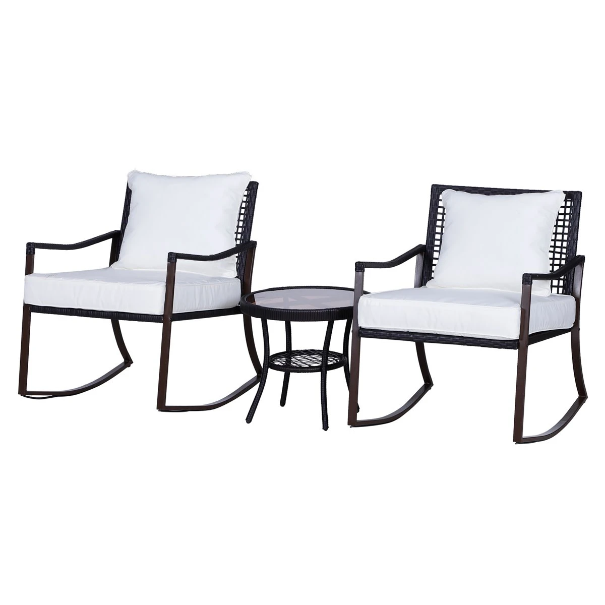 Outsunny Conjunto De Muebles De Ratán Para Jardín Con Mesa Ø51x46 Cm Y 2 Sillas Mecedoras 65,5x73,5x84,5 Cm Con Cojines Lavables Y Almohadas Blanco Y Marrón