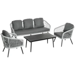Outsunny Conjunto De Muebles De Ratán Y Aluminio Juego De Muebles De Jardín 4 Piezas Mesa De Café Sofá De 3 Plazas Y 2 Sillones Con Cojines Para Terraza Exterior Gris
