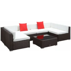 Outsunny Conjunto Muebles De Jardín Ratán 7 Piezas Set De Sofás Patio Con 1 Mesita Almohada Y Cojín Incluido Marco Acero Resistente Intemperie UV Marrón