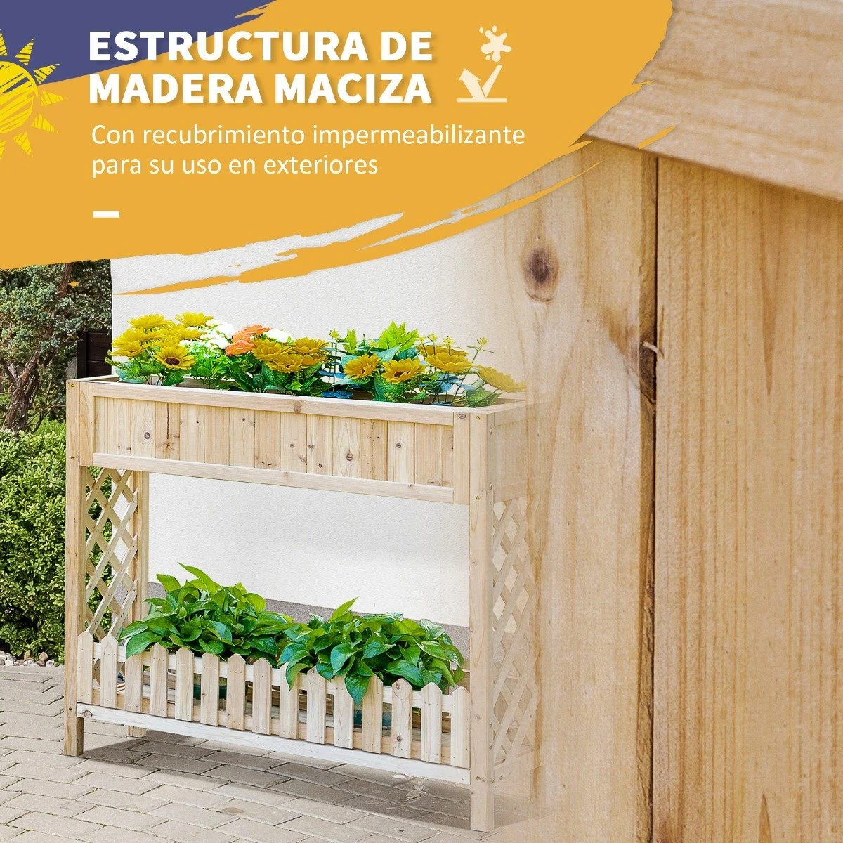 Outsunny Huerto Urbano Elevado De Madera 90x30x90 Cm Mesa De Cultivo De Jardín Con Estante Inferior Seto Decorativo Y 4 Orificios De Drenaje Para Plantas Macetas Flores Natural - Imagen 7