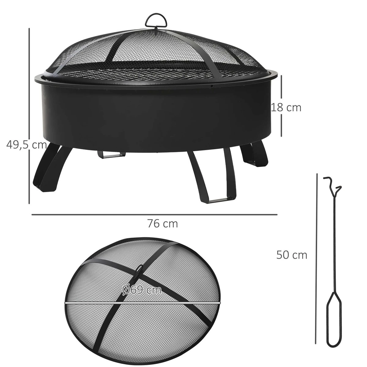 Outsunny Brasero Exterior Ø76x49,5 Cm 2 EN 1 Profundidad Del Cuenco 18 Cm Con Rejilla De Cocina Parrilla Para Barbacoa Calefacción Tapa De Malla Atizador De Fuego Para Patio Jardín Negro - Imagen 3