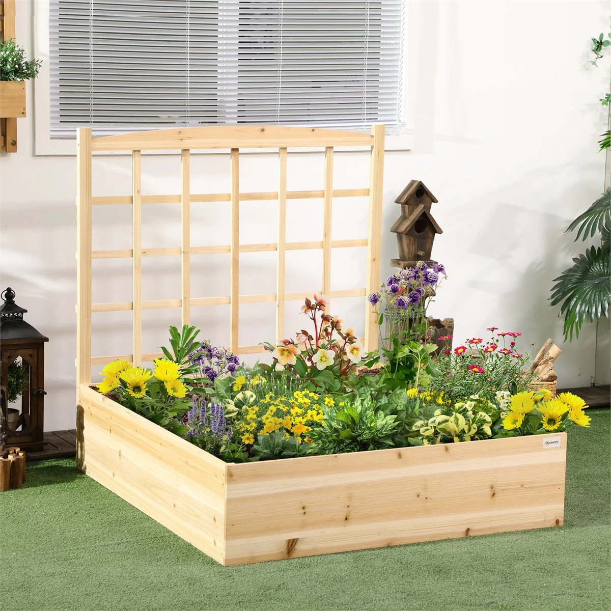 Outsunny Jardinera De Madera Con Enrejado Arriate De Jardín Con Celosía Jardinera De Caja Para Trepadoras Cultivos Verduras Flores 110x116x120 Cm Natural - Imagen 2
