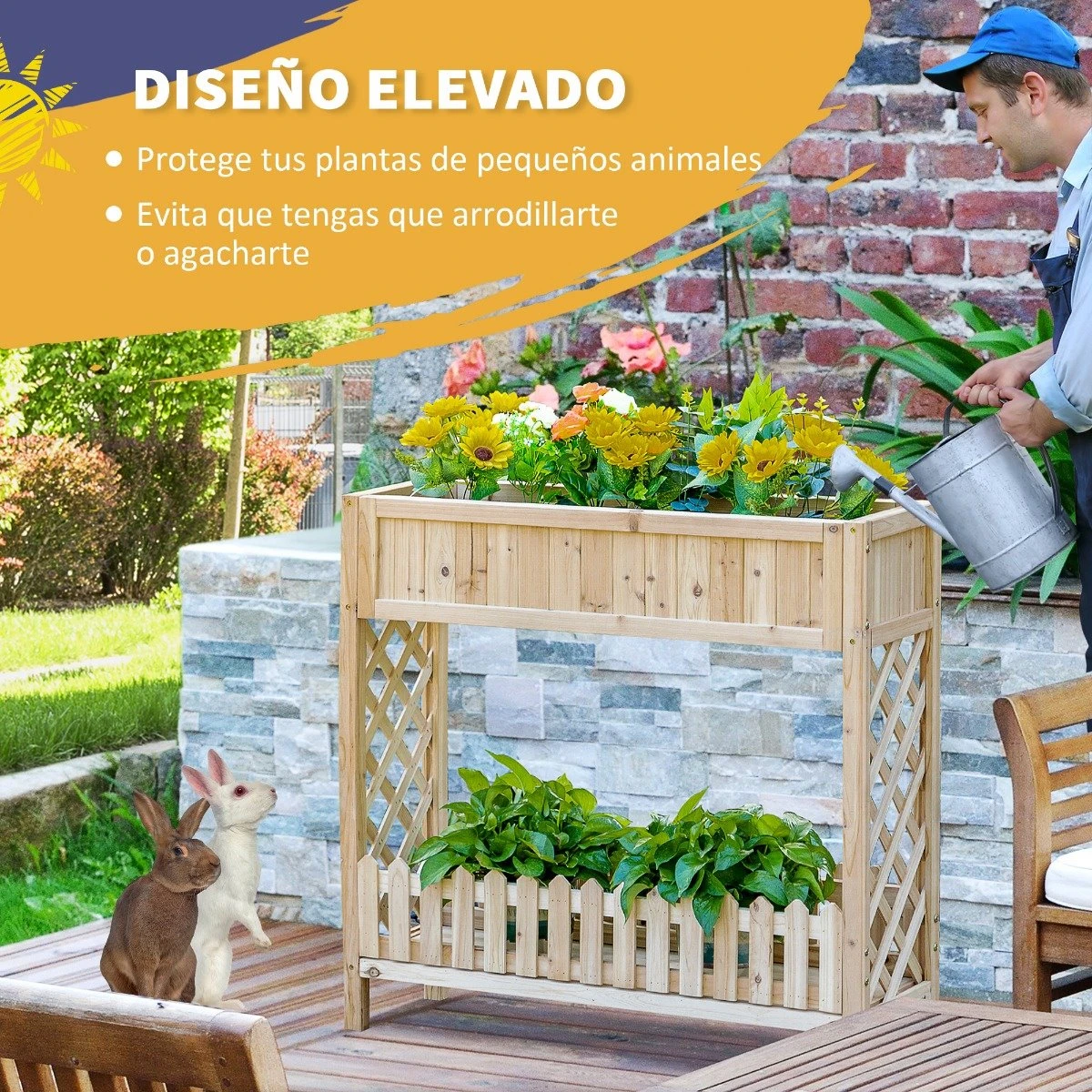 Outsunny Huerto Urbano Elevado De Madera 90x30x90 Cm Mesa De Cultivo De Jardín Con Estante Inferior Seto Decorativo Y 4 Orificios De Drenaje Para Plantas Macetas Flores Natural - Imagen 4