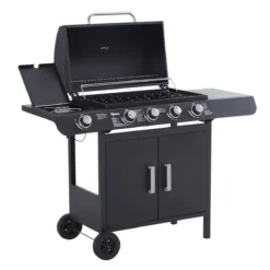 Outsunny Barbacoa De Gas Con 4+1 Quemadores 14,4 KW Mesas Laterales Armario De Almacenaje Termómetro Y 2 Ruedas Acero Inoxidable BBQ 125x51x100 Cm Negro