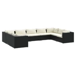 Set De Muebles De Jardín 9 Pzas Y Cojines Ratán Sintético Negro VidaXL