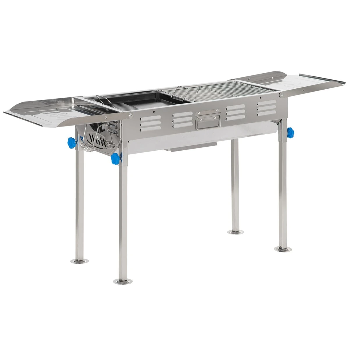 Outsunny Barbacoa De Carbón De Acero Inoxidable Portátil Con Altura Ajustable 2 Estantes Plancha Y Parrillas Al Aire Libre Para BBQ Camping Picnics 120x31x60-70 Cm Plata