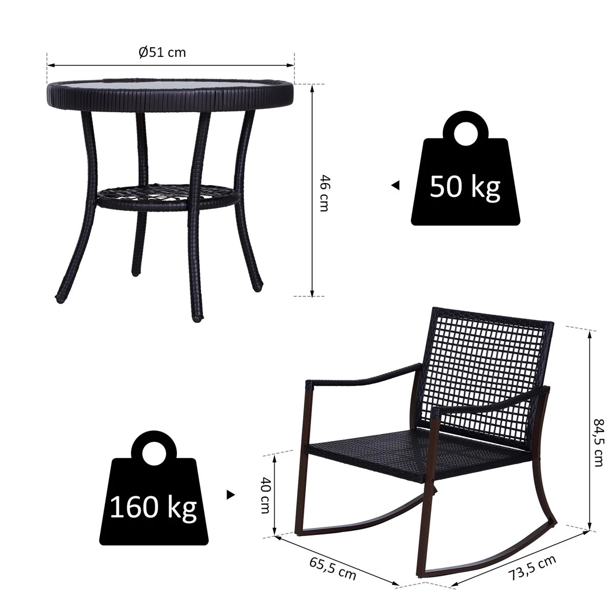 Outsunny Conjunto De Muebles De Ratán Para Jardín Con Mesa Ø51x46 Cm Y 2 Sillas Mecedoras 65,5x73,5x84,5 Cm Con Cojines Lavables Y Almohadas Blanco Y Marrón - Imagen 3