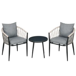 Outsunny Conjunto De Muebles De Jardín 3 Piezas Juego De Muebles De Terraza Incluye Mesa Con Encimera De Vidrio Templado Y 2 Sillones Con Cojines Reposabrazos De Cuerda Polipropileno Gris