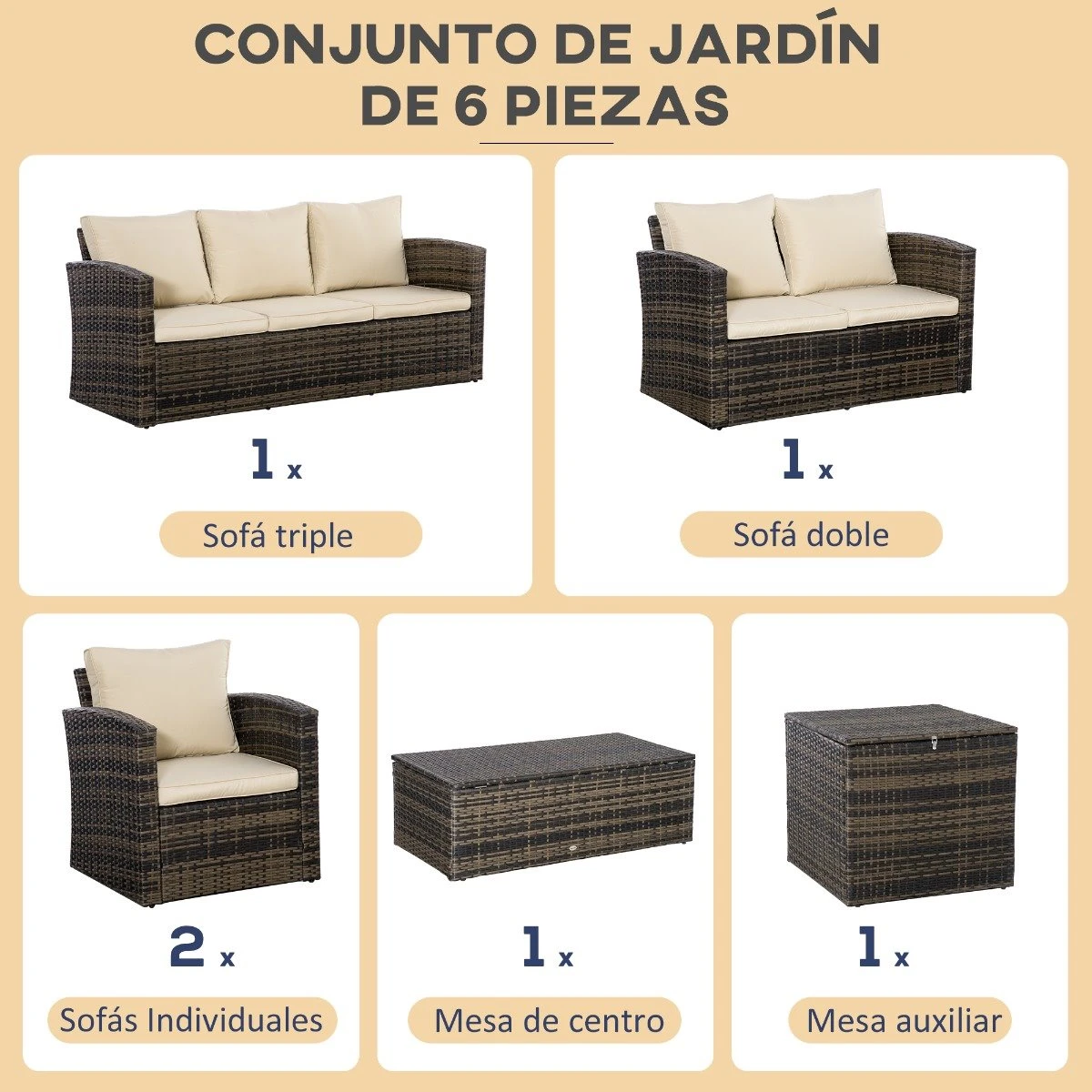 Outsunny Conjunto De Muebles De Jardín De Ratán 6 Piezas Sofá Doble Sofá De 3 Plazas 2 Sillones Individuales 2 Mesas Auxiliares Con Almacenamiento Y Cojines Acolchados Marrón Y Crema - Imagen 7