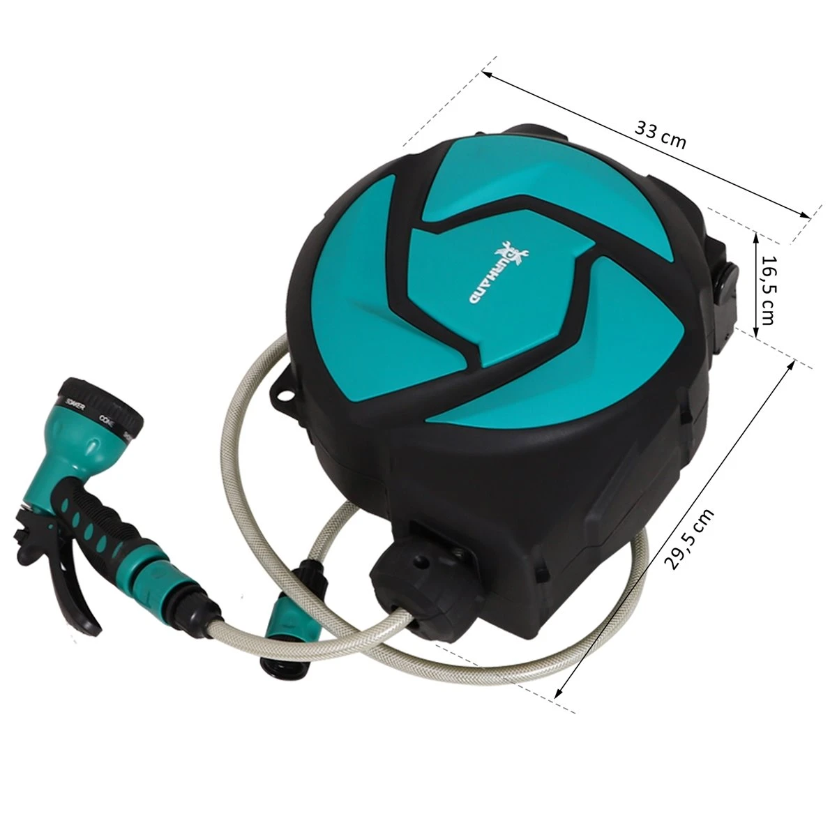 DURHAND Carrete Para Manguera Retráctil 10m Con Cabezal Multifuncional Sistema De Enrollado Automático Con Bloqueo Conector De 1m Para Jardín Césped 29,5x16,5x33 Cm Negro Y Verde - Imagen 3