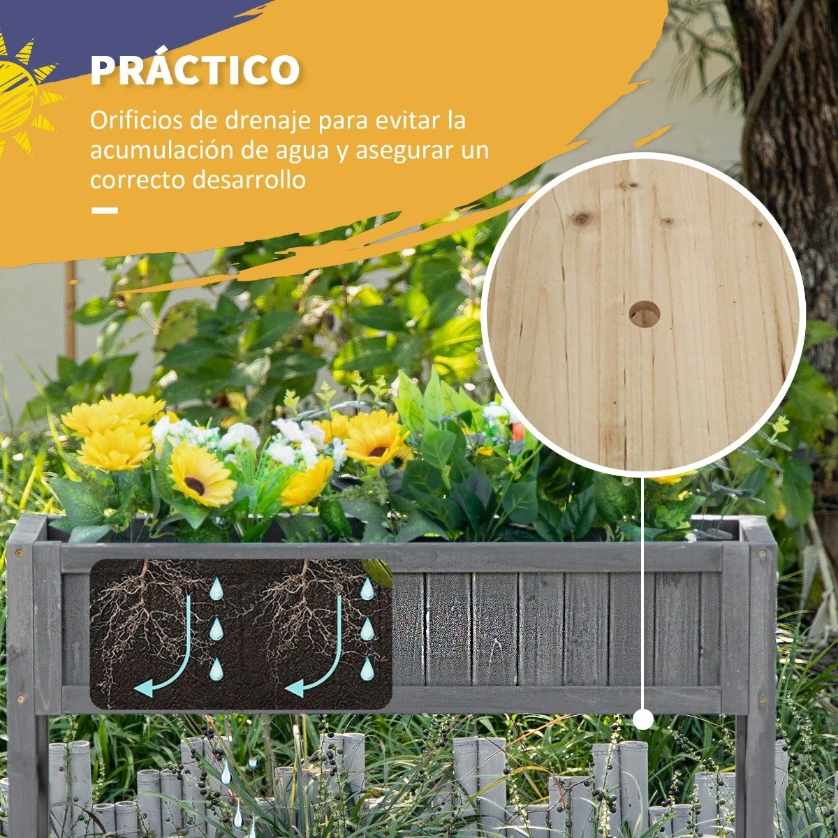 Outsunny Huerto Urbano Elevado De Madera 90x30x90 Cm Mesa De Cultivo De Jardín Con Estante Inferior Seto Decorativo Y 4 Orificios De Drenaje Para Plantas Macetas Flores Natural - Imagen 6
