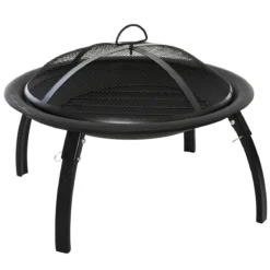 Outsunny Brasero Exterior Ø55 Cm Chimenea Hoguera Portátil Para Calefacción Barbacoa Terraza Patio Camping Jardín Con Cubierta De Malla Atizador De Fuego Negro
