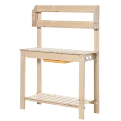 Outsunny Mesa De Plantación De Madera Mesa Para Macetas Con Tablero Deslizante 3 Estantes Ganchos Jardín Patio Garaje 100x40x140 Cm Natural