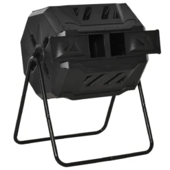 Outsunny Compostador De Tambor Giratorio Con Capacidad 160 Litros De Doble Cámara Y Ventilación Marco De Acero Para Residuos Orgánicos De Jardín 71x64x96cm Negro