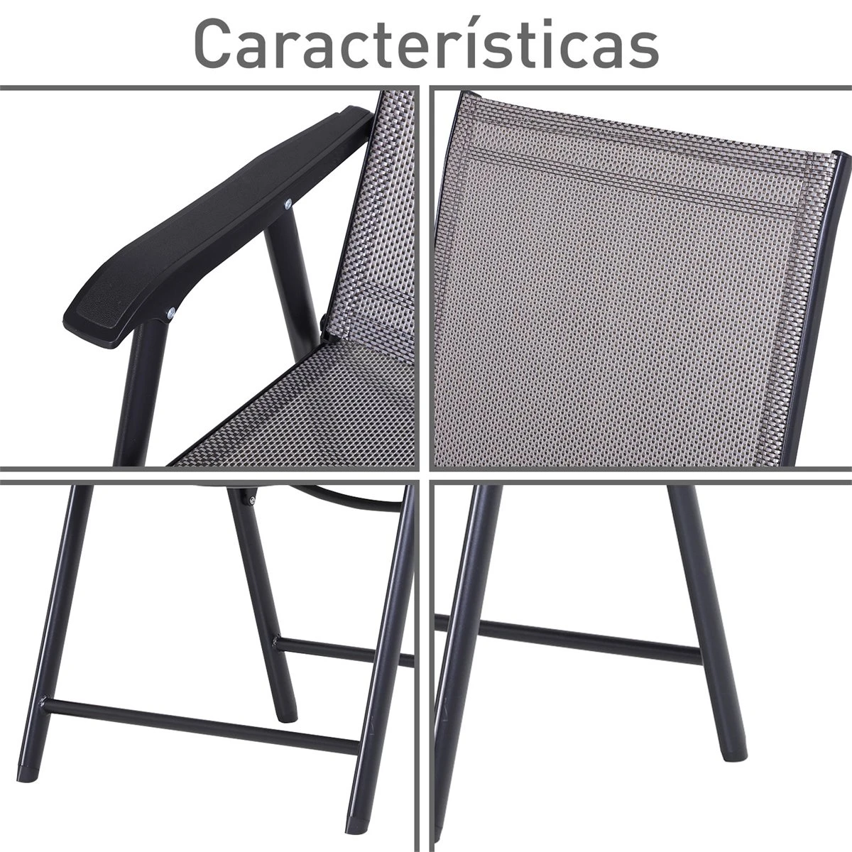 Outsunny Conjunto De 2 Sillas Plegables Para Exterior Con Reposabrazos Sillas Para Balcones Jardín Terraza Metal Texteline Carga 100kg 58x64x94 Cm Gris - Imagen 7