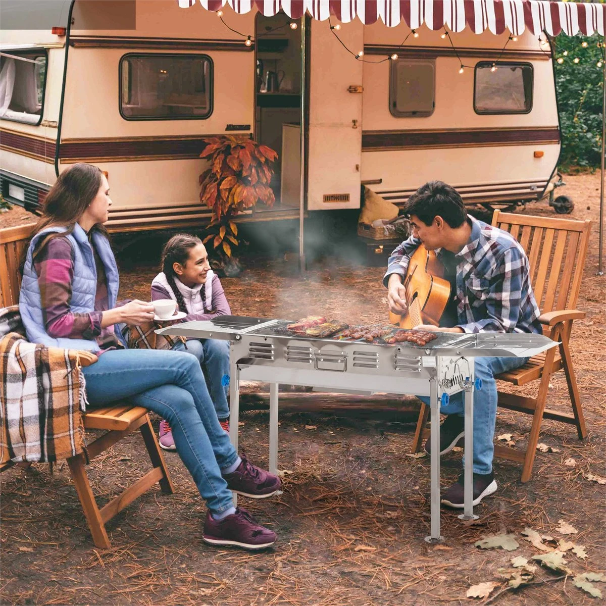 Outsunny Barbacoa De Carbón De Acero Inoxidable Portátil Con Altura Ajustable 2 Estantes Plancha Y Parrillas Al Aire Libre Para BBQ Camping Picnics 120x31x60-70 Cm Plata - Imagen 2