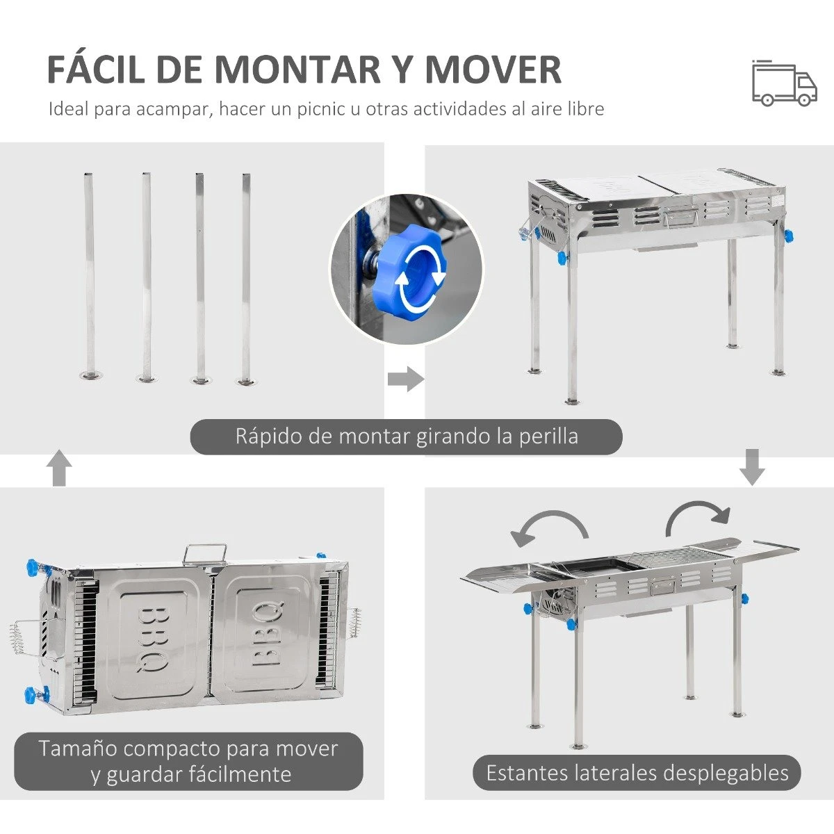 Outsunny Barbacoa De Carbón De Acero Inoxidable Portátil Con Altura Ajustable 2 Estantes Plancha Y Parrillas Al Aire Libre Para BBQ Camping Picnics 120x31x60-70 Cm Plata - Imagen 4