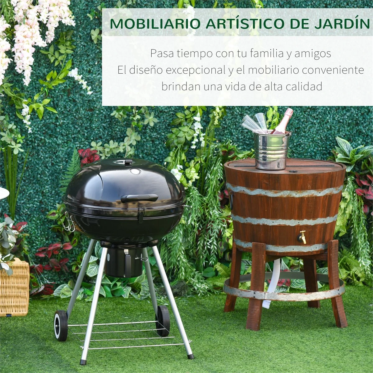 Outsunny Barbacoa De Carbón BBQ Picnic Ahumador Parilla Con Termómetro Jardín Exterior Acampada Parilla De Carbón Vegetal Con Ruedas Y Estante Tapa Y Tazón Esmaltados - Imagen 4
