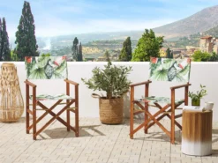 Conjunto De 2 Sillas De Jardín Madera Oscura/gris Con Tela Verde/blanco/rojo CINE