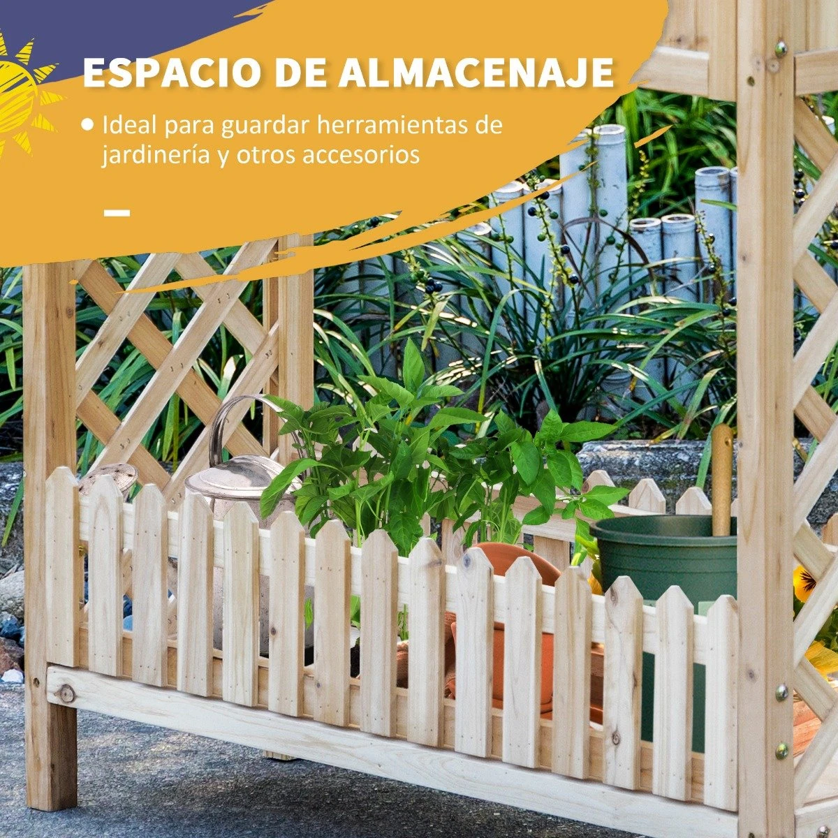 Outsunny Huerto Urbano Elevado De Madera 90x30x90 Cm Mesa De Cultivo De Jardín Con Estante Inferior Seto Decorativo Y 4 Orificios De Drenaje Para Plantas Macetas Flores Natural - Imagen 5