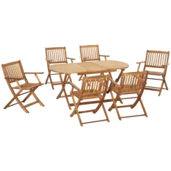 Outsunny Conjunto De Jardín De Madera Plegable 7 Piezas Mesa De Comedor 160x85x72 Cm Con Agujero Para Sombrilla Ø38mm 6 Sillas 60x55x91 Cm Para Terraza Balcón Exterior Teca
