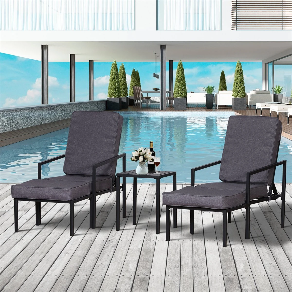 Outsunny Conjunto Mueble Exterior Apto Jardin Incluye 2 Sillas 2 Taburetes 1 Mesa Para Café Con Cojín Suave 5 Niveles En Respaldo Reclinable Gris Y Negro 50x50x82/77/70/60/50cm - Imagen 9