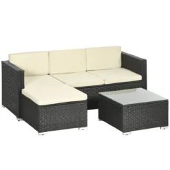 Outsunny Conjunto De Muebles De Ratán De Jardín 3 Piezas Muebles De Ratán Exterior Sofá De 3 Plazas Con Cojines Acolchados Mesa De Centro Con Tablero De Vidrio Templado Y Reposapiés Negro