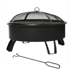 Outsunny Brasero Exterior Ø76x49,5 Cm 2 EN 1 Profundidad Del Cuenco 18 Cm Con Rejilla De Cocina Parrilla Para Barbacoa Calefacción Tapa De Malla Atizador De Fuego Para Patio Jardín Negro