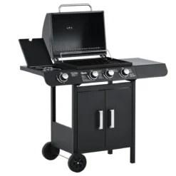 Outsunny Barbacoa De Gas BBQ Con 3+1 Quemadores 11,6 KW 2 Mesas Laterales Armario De 2 Puertas Termómetro Y 2 Ruedas Acero Inoxidable 110x50x100 Cm Negro