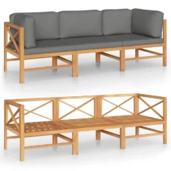 Sofá De Jardín 3 Plazas Con Cojines Gris Madera Maciza De Teca VidaXL