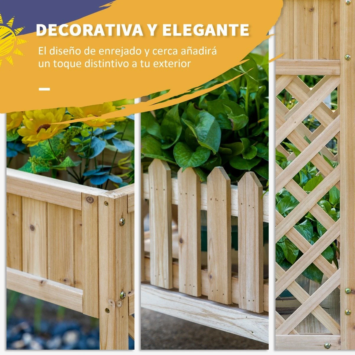Outsunny Huerto Urbano Elevado De Madera 90x30x90 Cm Mesa De Cultivo De Jardín Con Estante Inferior Seto Decorativo Y 4 Orificios De Drenaje Para Plantas Macetas Flores Natural - Imagen 8
