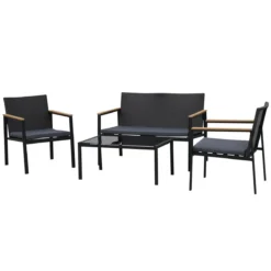 Outsunny Conjunto Muebles De Ratán De 4 Piezas Con Cojines Acolchados 2 Sillone 1 Sofá Para Doble Y Cafetería Vidrio Templado Para Jardín Exterior Terraza Patio Negro Y Gris