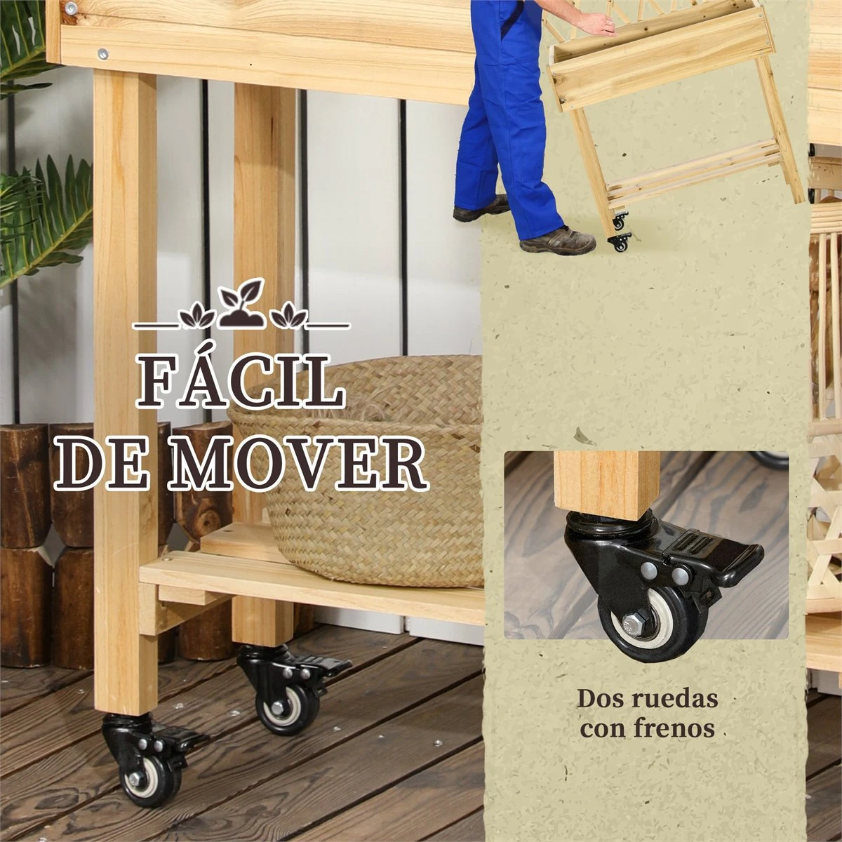 Outsunny Huerto Urbano Elevado De Madera Con Ruedas Mesa De Cultivo Con Enrejado Cama De Jardín Elevado Con Tela No Tejida Y Orificio De Drenaje Para Plantas Flores 79x29x130 Cm Natural - Imagen 7