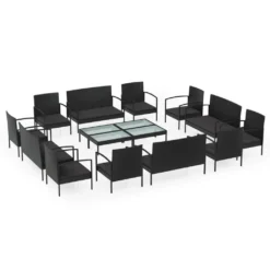 Set Muebles De Jardín 16 Piezas Y Cojines Ratán Sintético Negro VidaXL