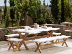 Conjunto De Comedor De Jardín De 8 Plazas, De Cemento Con Banco Y Taburetes Blanco/madera Clara OLBIA
