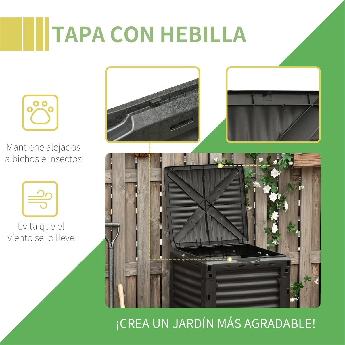 Outsunny Compostador Capacidad De 300L Compostera Orgánica Para Producción Abono De Jardín Exterior Con 48 Respiraderos 60,5x60,5x81,5 Cm Negro - Imagen 5