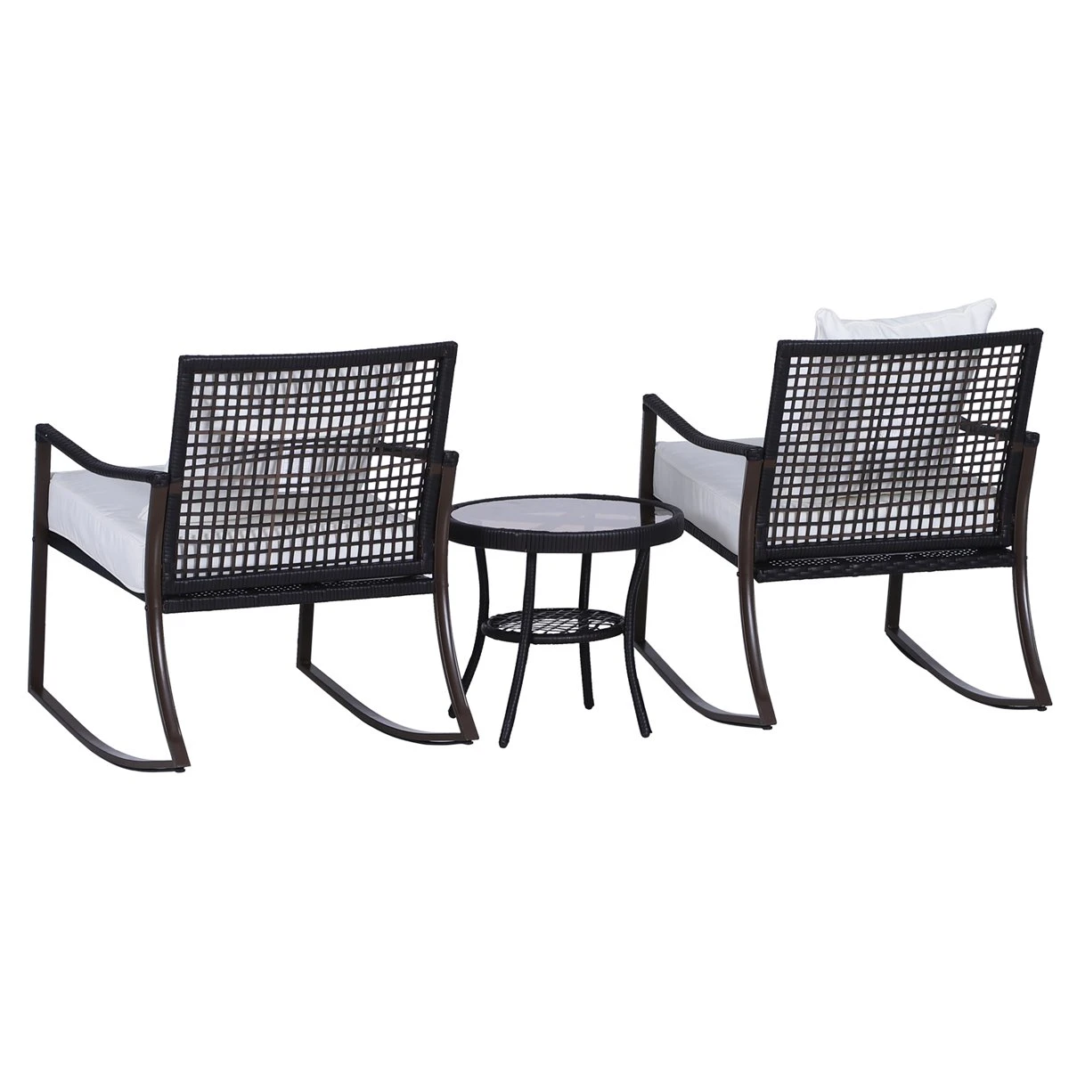 Outsunny Conjunto De Muebles De Ratán Para Jardín Con Mesa Ø51x46 Cm Y 2 Sillas Mecedoras 65,5x73,5x84,5 Cm Con Cojines Lavables Y Almohadas Blanco Y Marrón - Imagen 10