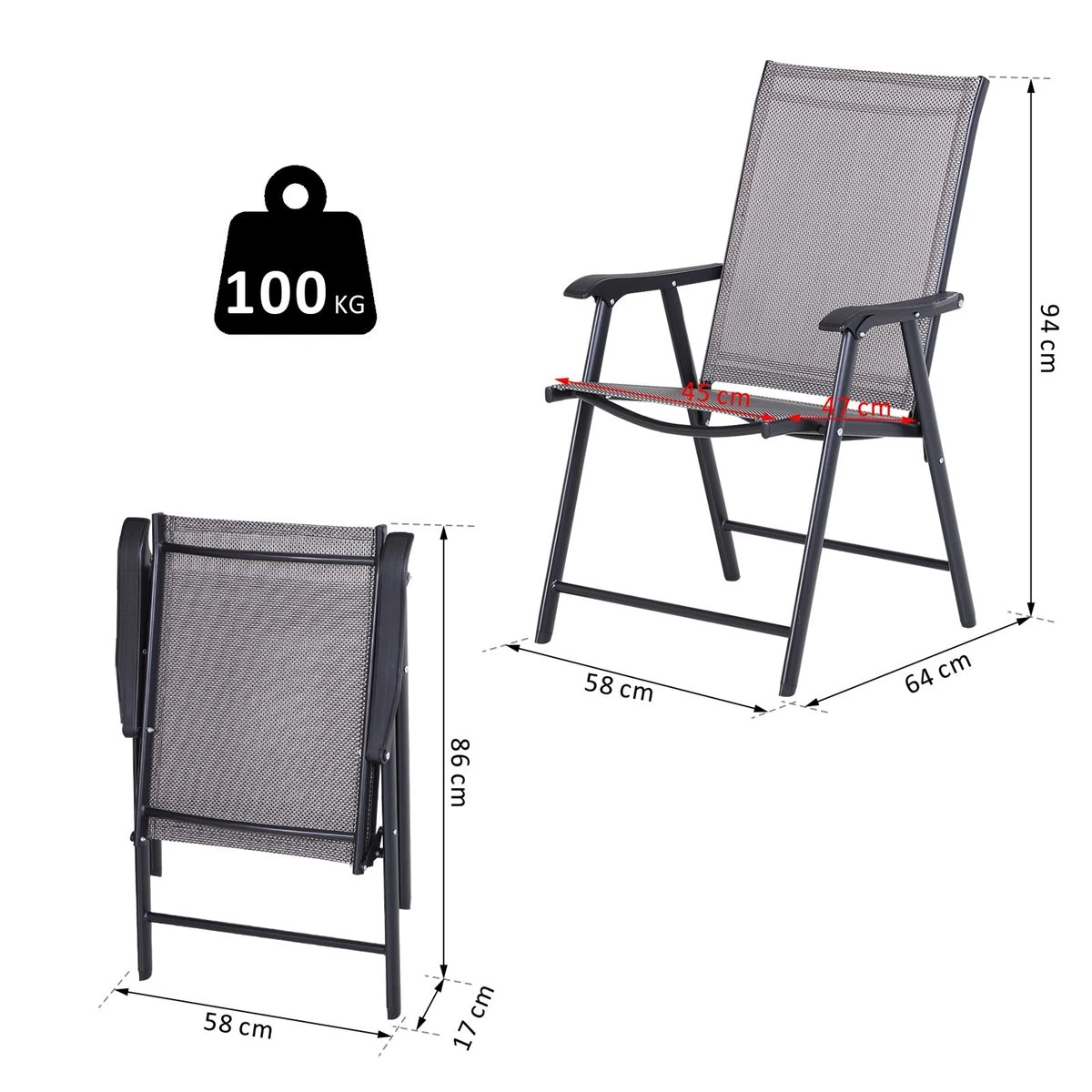 Outsunny Conjunto De 2 Sillas Plegables Para Exterior Con Reposabrazos Sillas Para Balcones Jardín Terraza Metal Texteline Carga 100kg 58x64x94 Cm Gris - Imagen 3