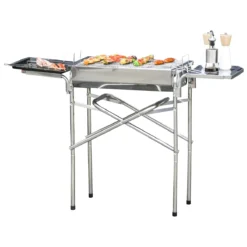 Outsunny Barbacoa De Carbón Portátil De Acero Inoxidable Con 2 Estantes Laterales Bandeja Y Parillas Al Aire Libre Para BBQ Camping Senderismo Picnics 104x30x68 Cm Plata
