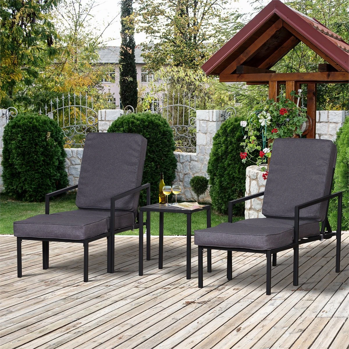 Outsunny Conjunto Mueble Exterior Apto Jardin Incluye 2 Sillas 2 Taburetes 1 Mesa Para Café Con Cojín Suave 5 Niveles En Respaldo Reclinable Gris Y Negro 50x50x82/77/70/60/50cm - Imagen 2
