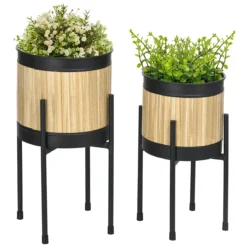 Outsunny Juego De 2 Soportes Para Plantas De Metal Cubierta De Totora Soportes Para Macetas Maceteros Redondos Para Salón Cocina Dormitorio Ø16x30 Cm Y Ø14x25,5 Cm Negro