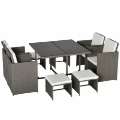 Outsunny Conjunto De Muebles De Jardín 9 Piezas De Ratán Para Comedor Sillas Apilables Con Cojines Extraíbles Lavables Mesa De Vidrio Templado Para Exterior Patio Terraza Gris