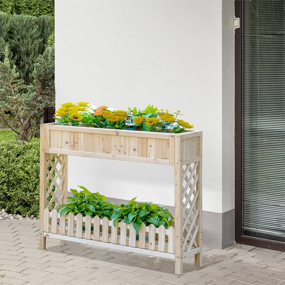Outsunny Huerto Urbano Elevado De Madera 90x30x90 Cm Mesa De Cultivo De Jardín Con Estante Inferior Seto Decorativo Y 4 Orificios De Drenaje Para Plantas Macetas Flores Natural - Imagen 2