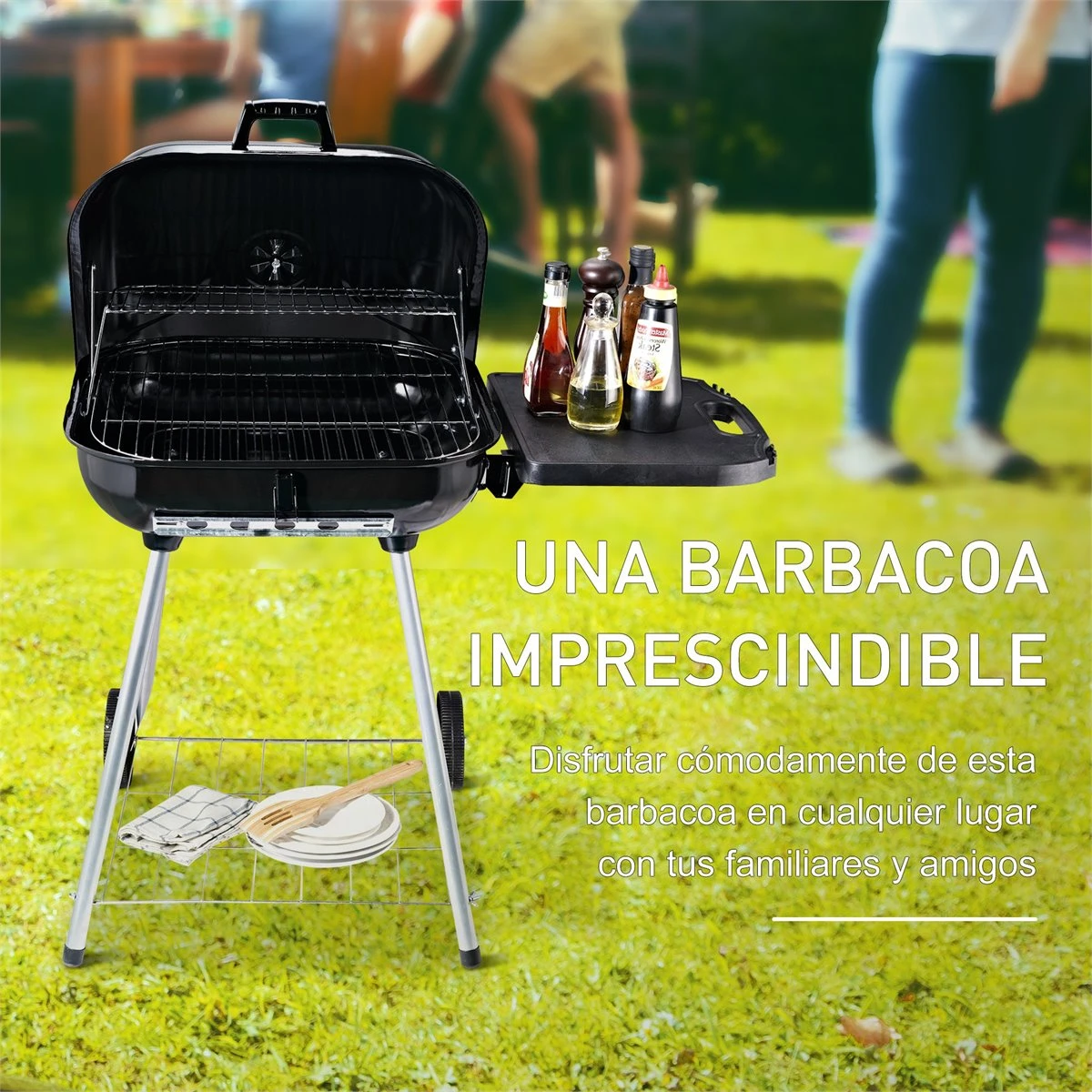 Outsunny Barbacoa De Carbón BBQ Multifuncional Parrillas Asador Con Estantes Y Ruedas Parilla De Carbón Vegetal Del Aire Libre Con Rejilla De Mantener Caliente Jardín Patio Picnic Acampada - Imagen 7