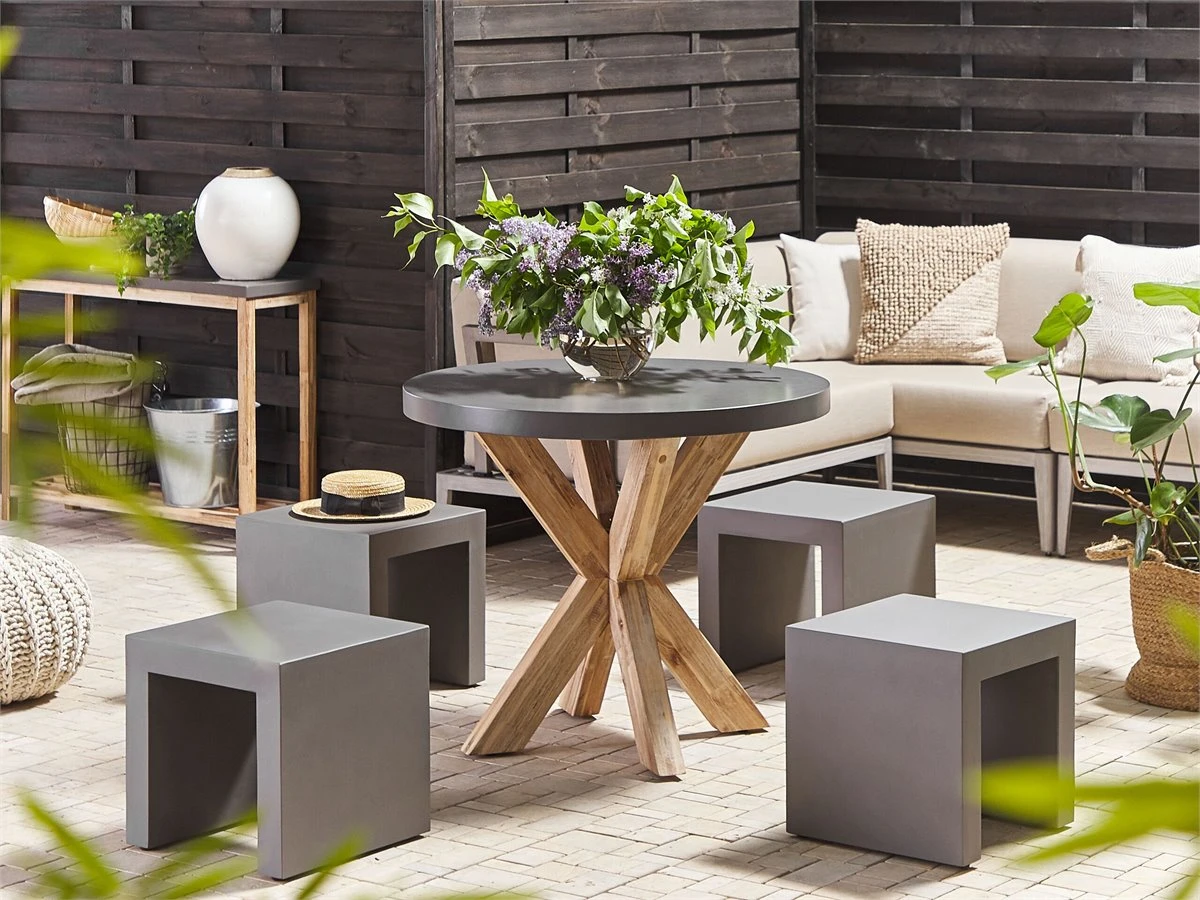Conjunto De Jardín De Cemento Reforzado Mesa ⌀ 90 Cm 4 Taburetes Gris/madera Clara OLBIA/TARANTO