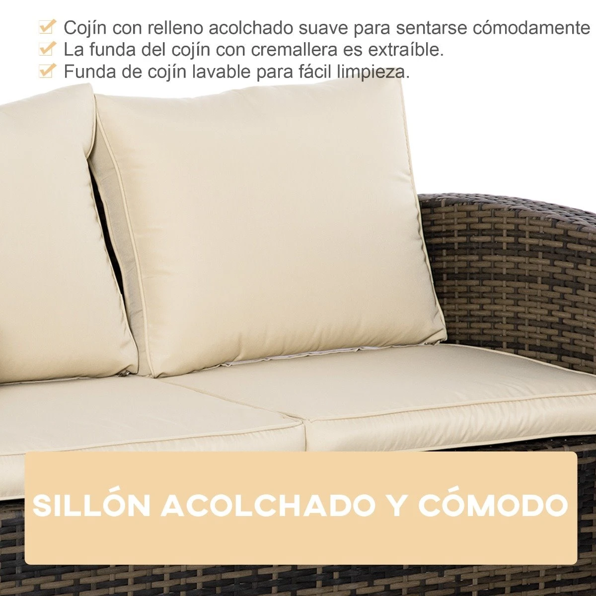 Outsunny Conjunto De Muebles De Jardín De Ratán 6 Piezas Sofá Doble Sofá De 3 Plazas 2 Sillones Individuales 2 Mesas Auxiliares Con Almacenamiento Y Cojines Acolchados Marrón Y Crema - Imagen 5