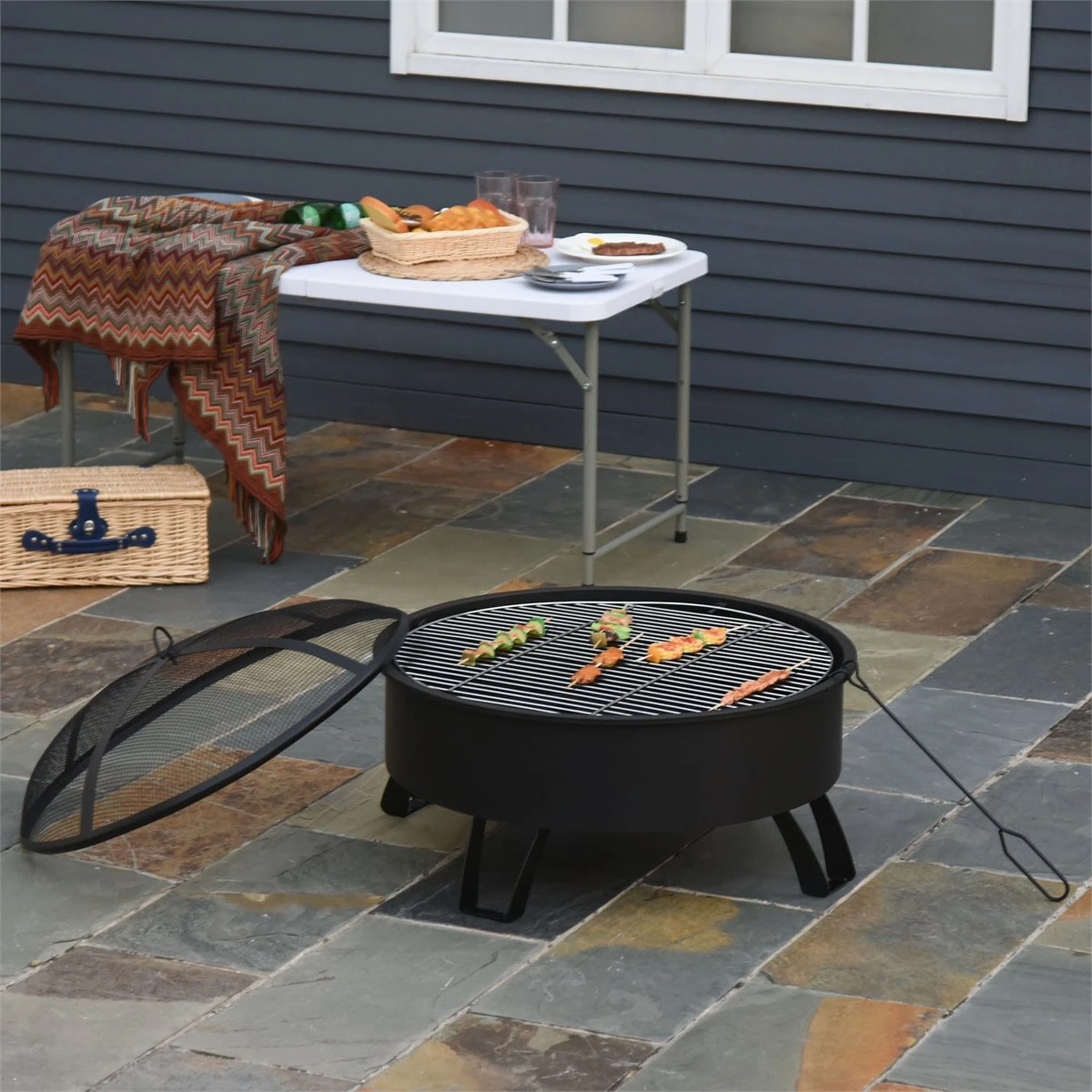 Outsunny Brasero Exterior Ø76x49,5 Cm 2 EN 1 Profundidad Del Cuenco 18 Cm Con Rejilla De Cocina Parrilla Para Barbacoa Calefacción Tapa De Malla Atizador De Fuego Para Patio Jardín Negro - Imagen 2