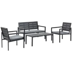 Outsunny Conjunto De Muebles De Jardín 4 Piezas Mesa De Centro Banco De 2 Plazas Y 2 Sillas Con Cojines Desenfundables Y Marco De Acero Para Terraza Exterior 113x65x78 Cm Gris