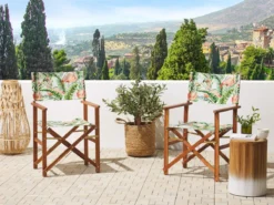 Conjunto De 2 Sillas De Jardín Madera Oscura/gris Con Tela Verde/blanco/rosa CINE