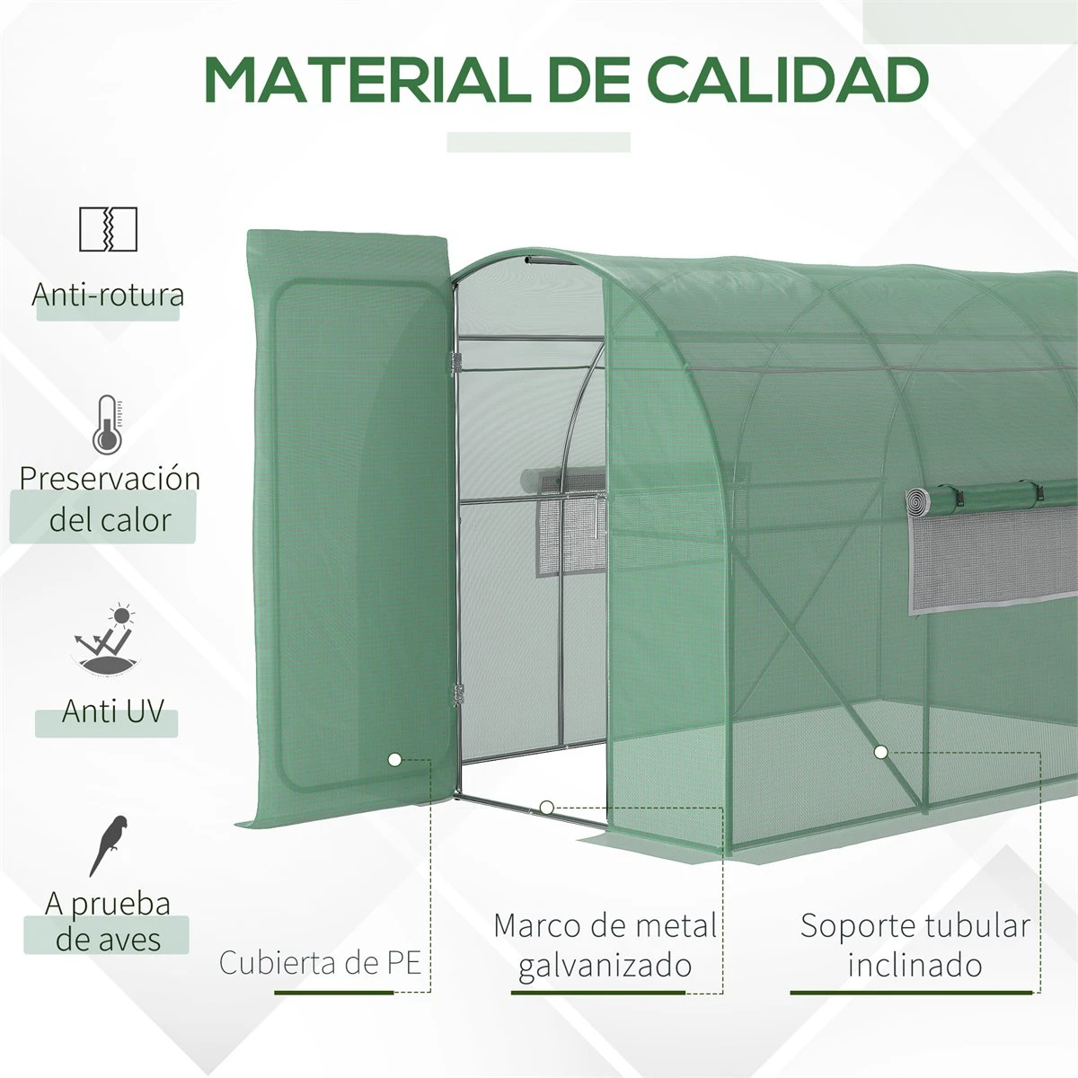 Outsunny Invernadero De Túnel 3x2x2 M Con Puerta Y Ventanas Función De Drenaje Invernadero De Jardín Grande Con Cubierta De PE Y Metal Galvanizado Para Cultivos Plantas Verduras Verde - Imagen 4